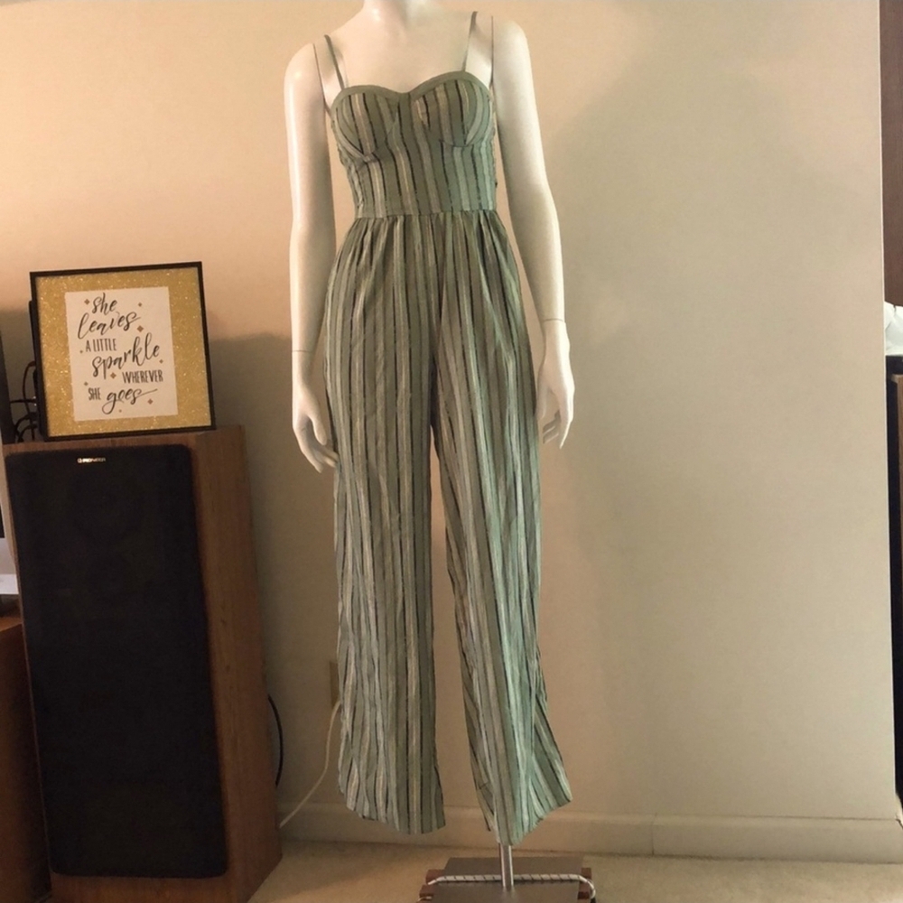 Band of Gypsies Sage Green Striped Babydoll Jumpsuit Size Small